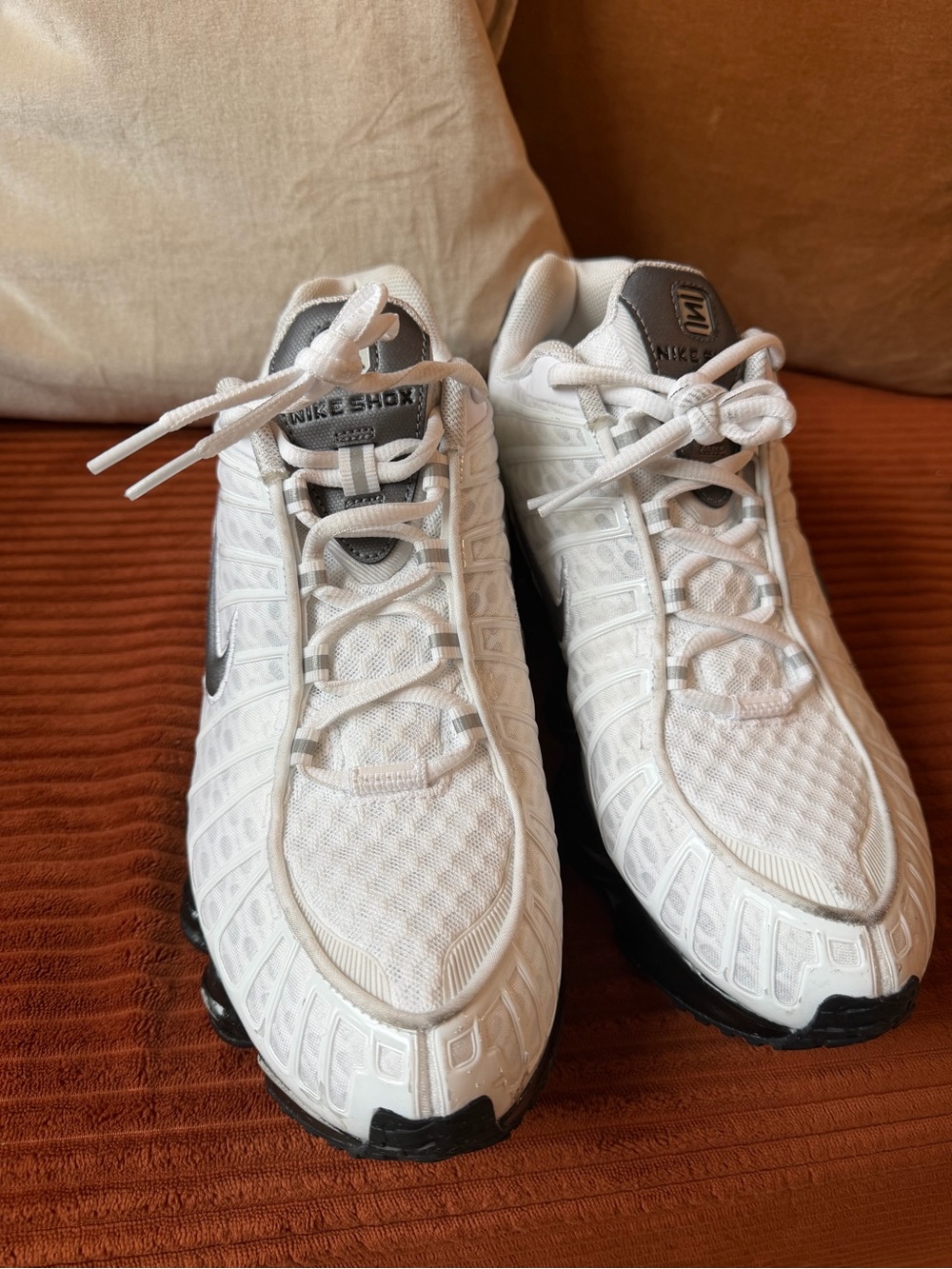 Nike Shox TL in White/Metallic Silver, style AV3595-100. Size 12.